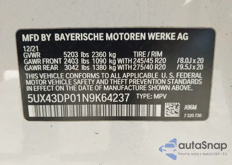 2022 BMW X3 Sdrive30I z USA, uszkodzony, nr VIN 5UX43DP01N9K64237
